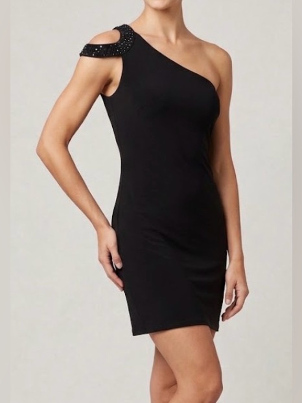 Caché Y2K Black One-Shoulder Rhinestone Accent Mini Dress LBD Sz 8